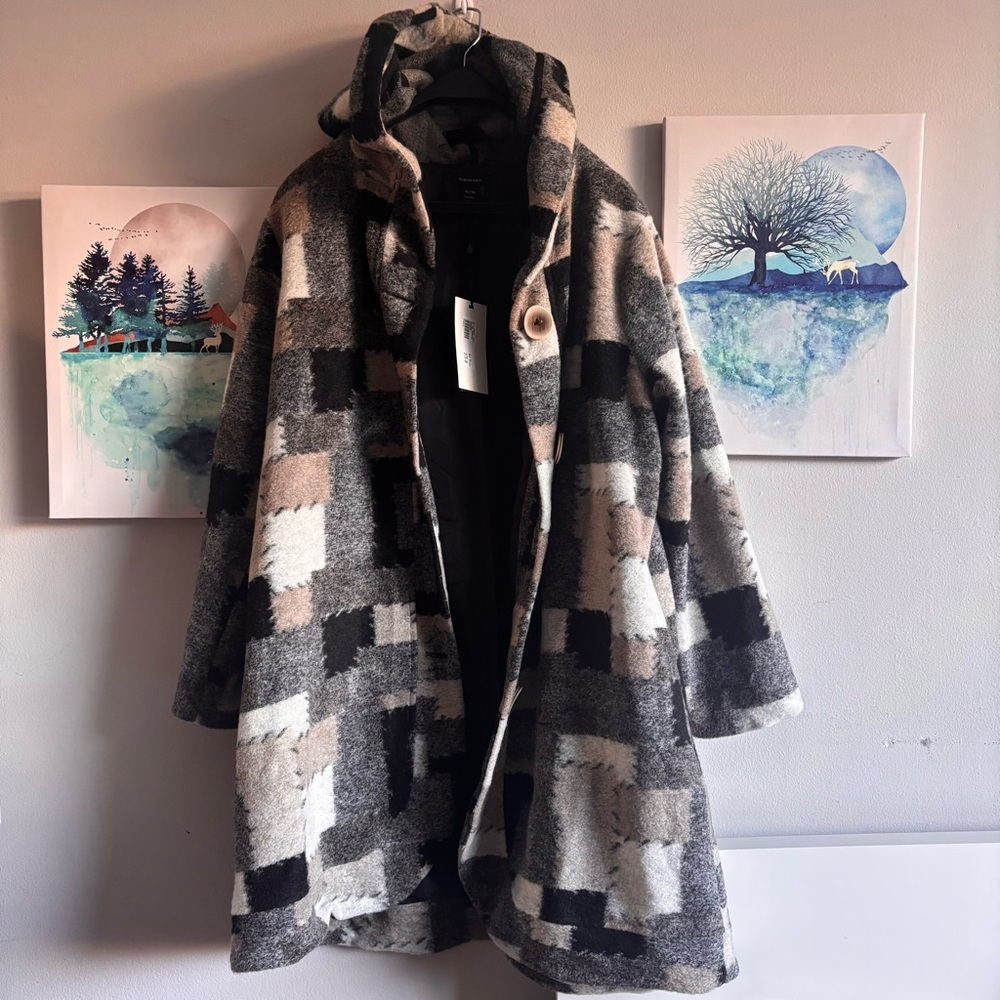 Alison Sheri Plaid Wool Blend Lined Women's Patchwork Hooded Coat-XL